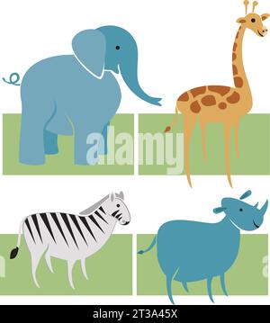 African jungle animals Illustrations on Grasslands Stock Vector