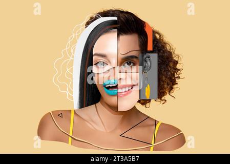 Collage art face design of multiracial diverse people in different emotion, beauty and equality concept Stock Photo