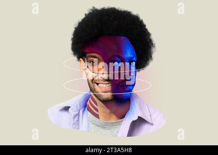 Furturistic collage art face design of mixed multiethnic males Stock Photo