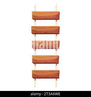 Wooden ladder with rope, planks hanging, staircase in cartoon style ...