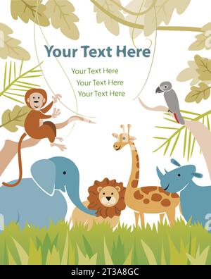African Jungle Animals with trees, fields, grasslands in African Forest land Stock Vector