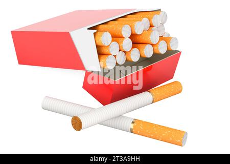 Open red full pack of cigarettes. Pack of cigarettes, 3D rendering isolated on white background Stock Photo