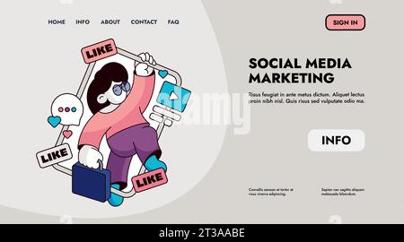 Social marketing landing. Web page template with social network buttons, like button and share button. Vector web page with social media icons. Woman smm or target professional assisting bloggers Stock Vector