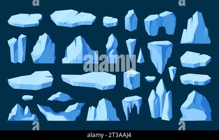 Ice pieces and glaciers. Cartoon frozen floating ice chunks, mountain icebergs and polar sea floe, winter climate concept. Vector isolated set of ice frozen illustration Stock Vector