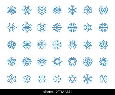 Blue snowflake icons. Winter frozen snowflakes Christmas New year holiday decoration, abstract frosty geometric shapes. Vector isolated collection. Snowy weather with different flakes Stock Vector