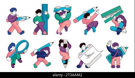 People with stationery. Man woman characters with pens pencils highlighters, cartoon characters with writing tools. Vector set. Boys and girls learning at school, holding stapler and magnifier Stock Vector