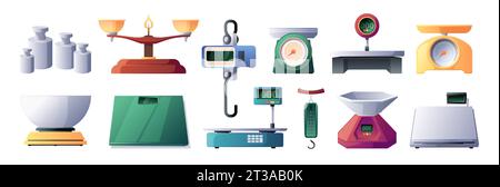 Store scales. Measuring instruments for grocery store, kitchen and fitness, flat platform kilogram gram pounds. Vector precision instruments isolated set. Tool for street food markets and household Stock Vector