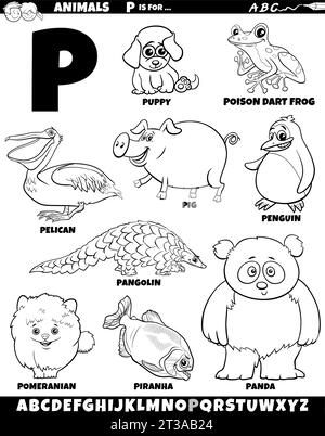 Cartoon illustration of animal characters set for letter P coloring page Stock Vector