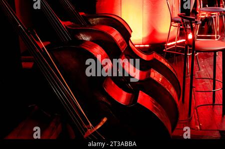 Image of three wooden stringed instrument of a symphony orchestra double bass Stock Photo