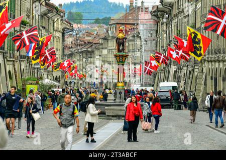 Bern-May 20 ,2023 :Old town view with tourists in Kramgasse street in Bern Switzerland Stock Photo