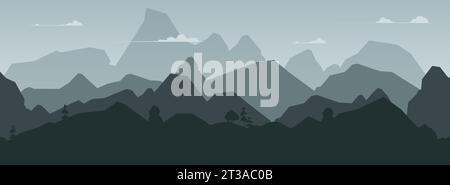 Mountain ranges silhouettes. Panoramic black range top landscape with summit and peak, hiking and climbing alpine wilderness topography. Vector isolated set of black mountain silhouette illustration Stock Vector