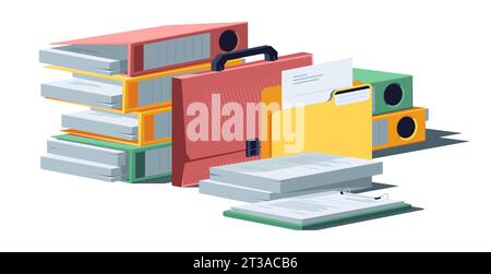 Document pile. Stacked paper sheets, messy office stationary with paper folder, chaotic paperwork. Vector isolated set of office paperwork, stack work messy illustration Stock Vector