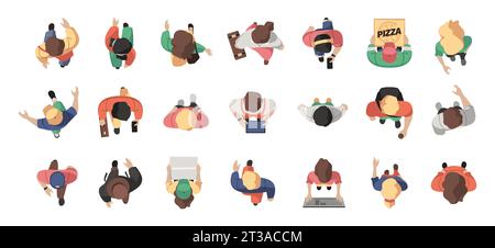 People top view. Cartoon persons heads from above, group of people walking on street, woman and men characters view. Vector flat illustration of character head top view Stock Vector