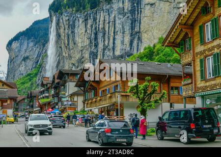 Panoramic view of Lauterbrunnen valley and Staubbach Fall in Swiss Alps, Switzerland. Stock Photo