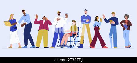 Flat diverse group of happy business people work together. Entrepreneurs, office workers isolated on background. Multinational characters working with gadgets. Equality, diversity and social inclusion Stock Vector