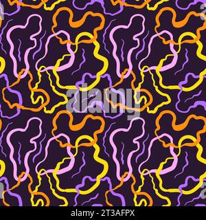 Wavy Seamless Trippy Pattern. Bright colored pattern of colorful abstract squiggles print, scribble spiral and wavy lines. retro 80s style. Chaotic in Stock Vector