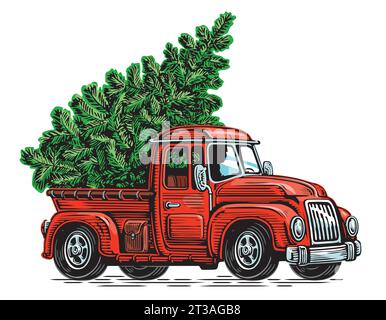 Green fir tree on red retro pickup truck. Merry Christmas and Happy New Year. Vector illustration Stock Vector