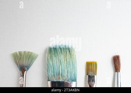 Different sizes and shapes paint brushes on clean white canvas, soft focus Stock Photo