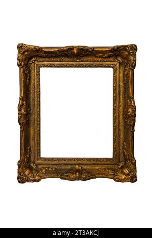 Golden brown vintage frame with classic decorations, isolated on white background. Stock Photo