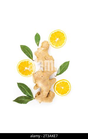 Fresh ginger root and ginger slices with leaves isolated on white ...