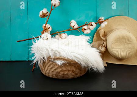 New born or baby portrait photography backdrop white fur nest, cotton flowers and blue boards background, side view close up Stock Photo