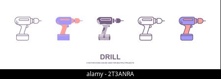 Set of hand drill icon with 5 different style. Drill machine icon for handyman concept. Household instrument in cartoon. Electric device for repairman Stock Vector