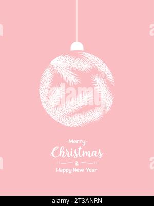 White Christmas ball with a pattern of fir branches on a pink background. Merry Christmas greeting card. Vector illustration Stock Vector