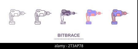 Set of hand drill icon with 5 different style. Drill machine icon for handyman concept. Household instrument in cartoon. Electric device for repairman Stock Vector