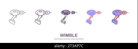 Set of hand drill icon with 5 different style. Drill machine icon for handyman concept. Household instrument in cartoon. Electric device for repairman Stock Vector