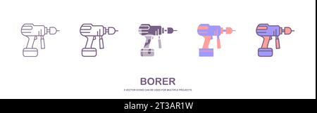 Set of hand drill icon with 5 different style. Drill machine icon for handyman concept. Household instrument in cartoon. Electric device for repairman Stock Vector