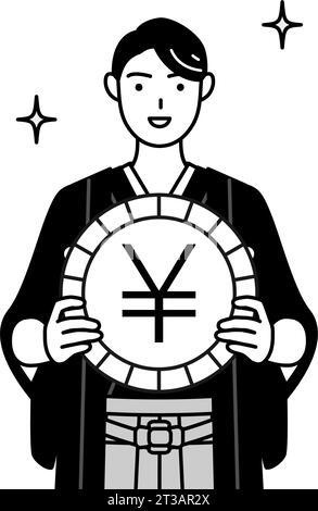 Man wearing Hakama with crest an image of foreign exchange gains and yen appreciation, Vector Illustration Stock Vector