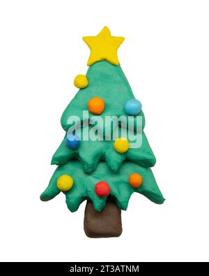 Christmas tree sculpted from modeling clay on white background with clipping path Stock Photo