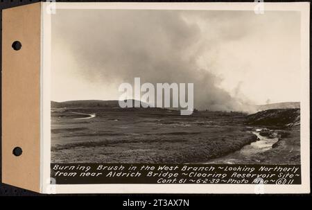 Contract No. 61, Clearing West Branch, Quabbin Reservoir, Belchertown, Pelham, Shutesbury, New Salem, Ware (including in areas of former towns of Enfield and Prescott), burning brush in the west branch, looking northerly from near Aldrich Bridge, Enfield, Mass., Jun. 2, 1939 Stock Photo