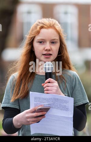 Bella Lack, young activist, speaking at a stop trophy hunting and ivory trade protest rally, London, UK. Youth ambassador for The Born Free Foundation Stock Photo