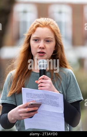 Bella Lack, young activist, speaking at a stop trophy hunting and ivory trade protest rally, London, UK. Youth ambassador for The Born Free Foundation Stock Photo