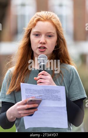 Bella Lack, young activist, speaking at a stop trophy hunting and ivory trade protest rally, London, UK. Youth ambassador for The Born Free Foundation Stock Photo