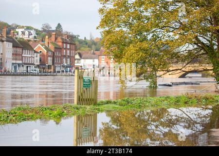 Bewdley, UK. 23rd October, 2023. Bewdley after Storm Babet. River levels remain very high and the flood barriers are still in place as large areas are engulfed by the swollen River Severn. Credit: Lee Hudson Stock Photo