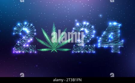 Happy new year 2024 greeting card with cannabis leaf. Low poly style design. Numbers from a polygonal wireframe mesh. Abstract vector illustration. Stock Vector