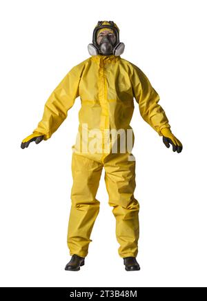 man in yellow protective suit and gas mask isolated on white Stock Photo