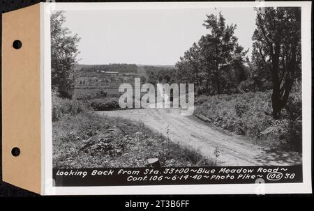 Contract No. 106, Improvement of Access Roads, Middle and East Branch Regulating Dams, and Quabbin Reservoir Area, Hardwick, Petersham, New Salem, Belchertown, looking back from Sta. 33+00, Blue Meadow Road, Belchertown, Mass., Jun. 14, 1940 Stock Photo