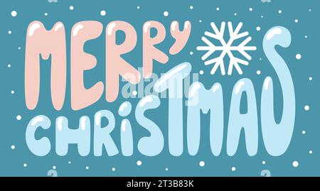 Merry Christmas. Vintage lettering in retro carton style 90, 80. Inflatable letters, snowfall. Snowflake. For advertising banner, website, poster, sal Stock Vector