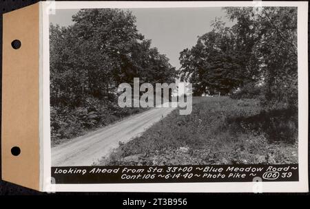 Contract No. 106, Improvement of Access Roads, Middle and East Branch Regulating Dams, and Quabbin Reservoir Area, Hardwick, Petersham, New Salem, Belchertown, looking ahead from Sta. 33+00, Blue Meadow Road, Belchertown, Mass., Jun. 14, 1940 Stock Photo