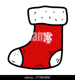 Doodle Christmas knitted stocking with gifts, snow ornament, fur. Hand-drawn holiday sock present on white background. Happy New Year, Merry Christmas Stock Vector