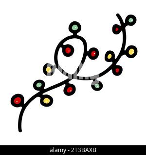 Doodle Christmas Garland. Hand-drawn festoon isolated on white background. Color festive decoration with round light bulbs. Vector illustration for a Stock Vector