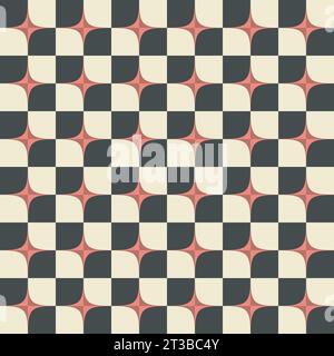 Checker board, stars abstract seamless pattern swatch. Decorative geometrical grid. Black, cream white, red vintage colours palette. Graphical Stock Vector