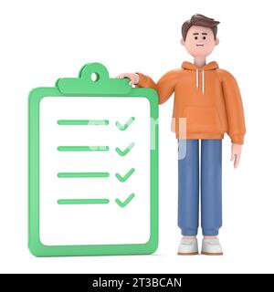 3D illustration of smiling businessman Qadir with tasks on paper sheets, planning schedule to finish task on time. Deadline, assignments scheduling, w Stock Photo