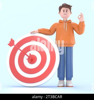 3D illustration of smiling businessman Qadir standing next to a huge target with a dart in the center, arrow in bullseye. Cute cartoon businessman wit Stock Photo