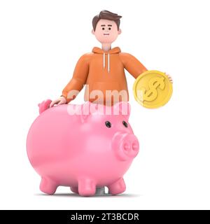 3D illustration of smiling businessman Qadir with Piggy Bank and Golden Dollar Coin. 3D rendering on white background. Stock Photo