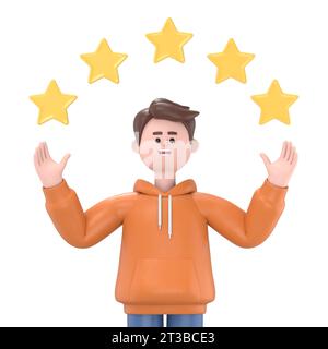 3D illustration of smiling businessman Qadir points to the stars, good review. Customer review rating and client feedback concept.  3D rendering on wh Stock Photo