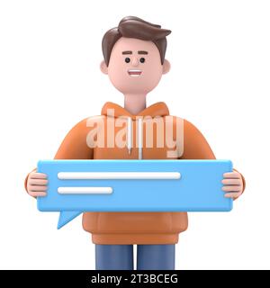 3D illustration of smiling businessman Qadir holding text bubble cloud icon isolated over white background. Social network message concept. 3d render Stock Photo
